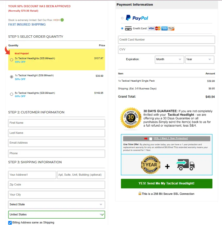 Tactical headlight checkout page